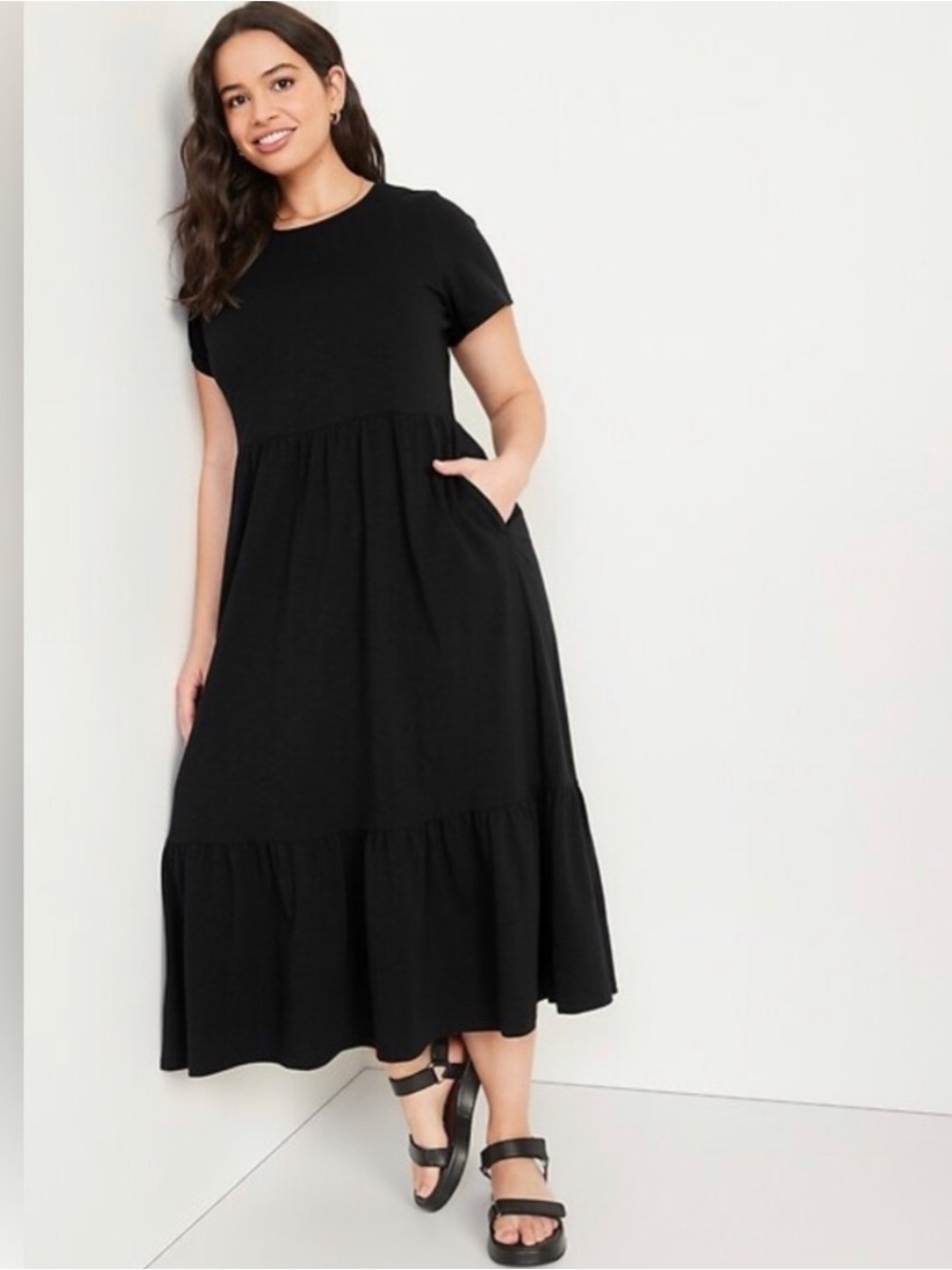 NEW Old Navy Short-Sleeve Tiered Slub-Knit Midi Swing Dress in Black - Size XL